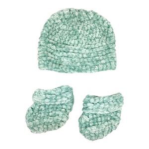 Handmade Handcrafted Crocheted Baby Beanie Hat & Booties Layette Ensemble Teal